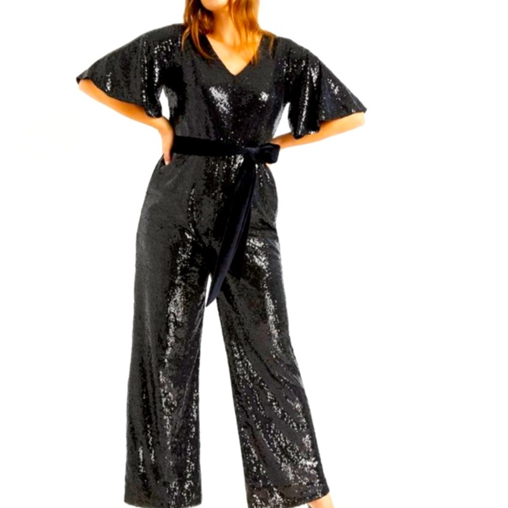 NWT Eloquiii Sequin Flare Sleeve Wide leg Black Jumpsuit
